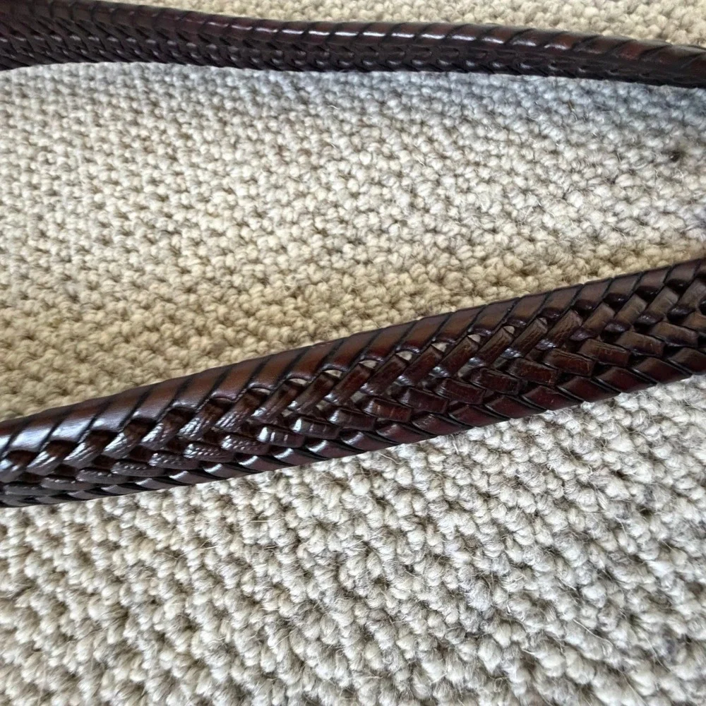 Mens Dark Brown Woven Braided Leather Belt Silver Buckle Metal Tip Size 40